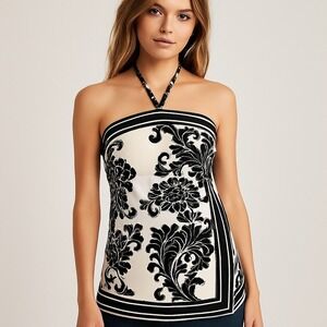 BHWM Y2K Scarf Halter Top Black & White Baroque Print 2000s Grid Girl Vibes